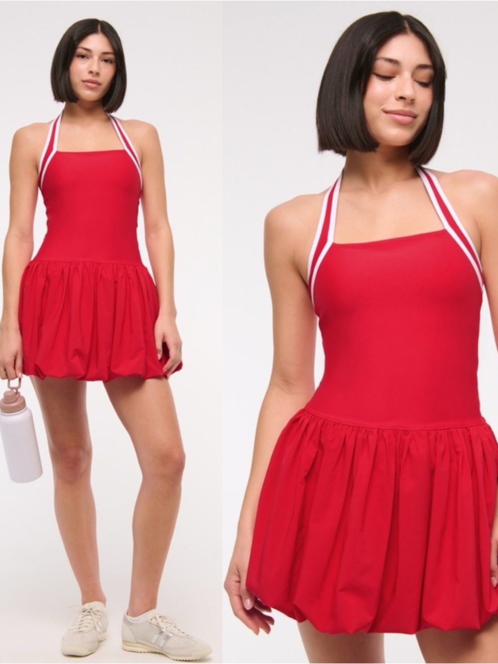 YPB Abercrombie MotionTEK Halter Bubble Hem Mini Athletic Dress Dark Red Stripe